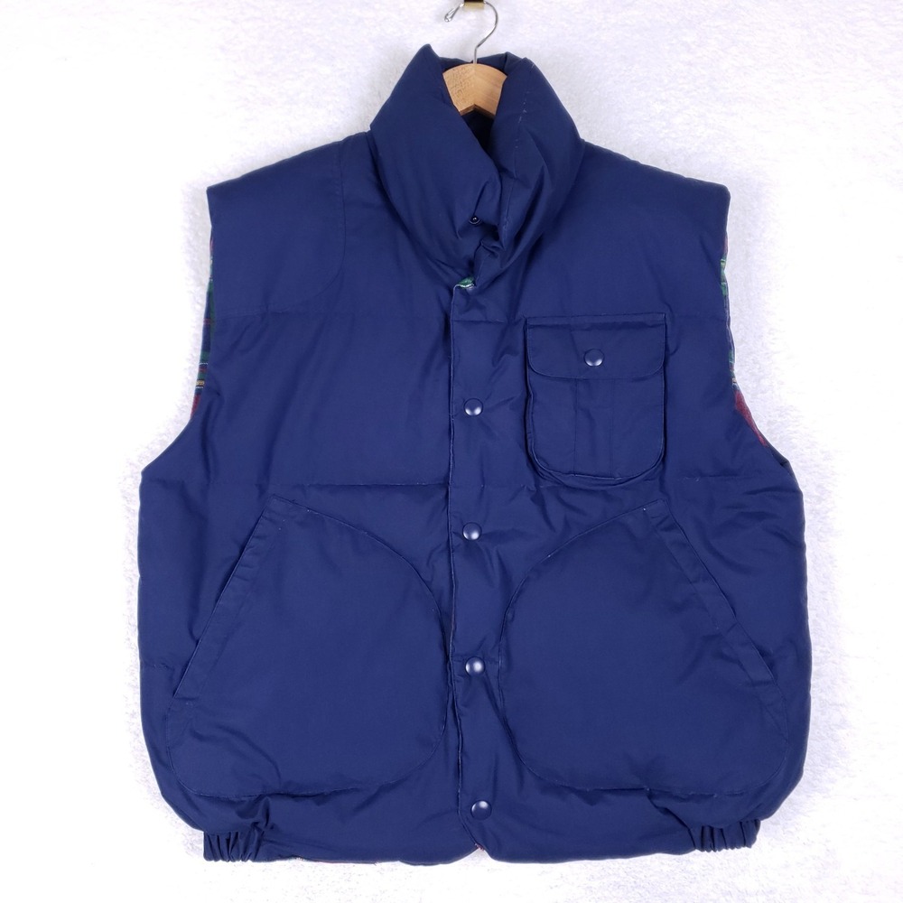 John Ashford Vintage 90s Down Puffer Vest Small Navy Plaid Lined Outdoor‎